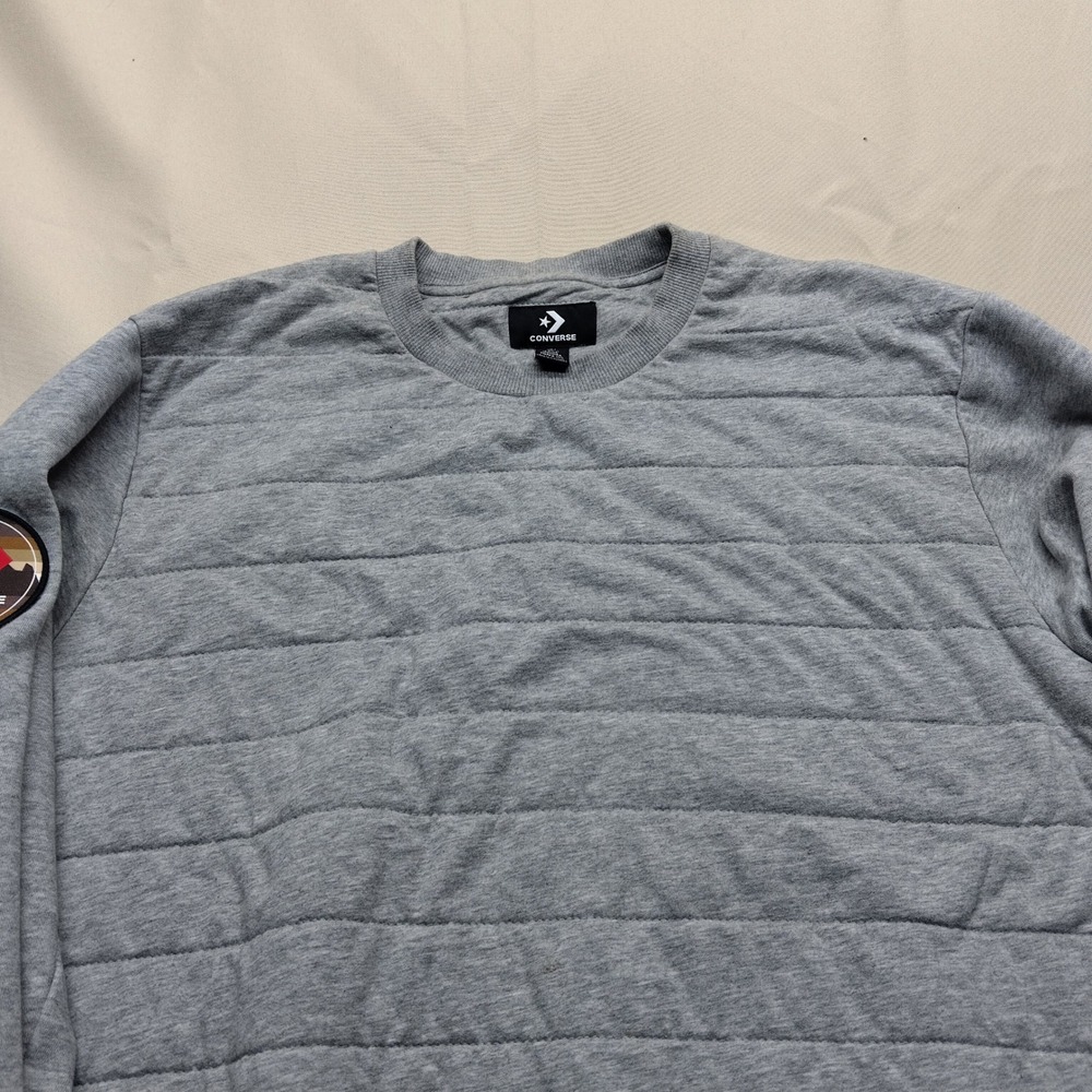 Converse Mens Quilted Crewneck Sweatshirt Grey Heather Logo Patch Size Large